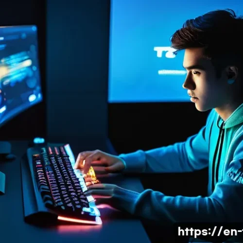 FC온라인 무료 아이템 이벤트 - A male gamer, aged 18-25, is seated at a high-tech gaming desk in a dimly lit, futuristic room. His ...