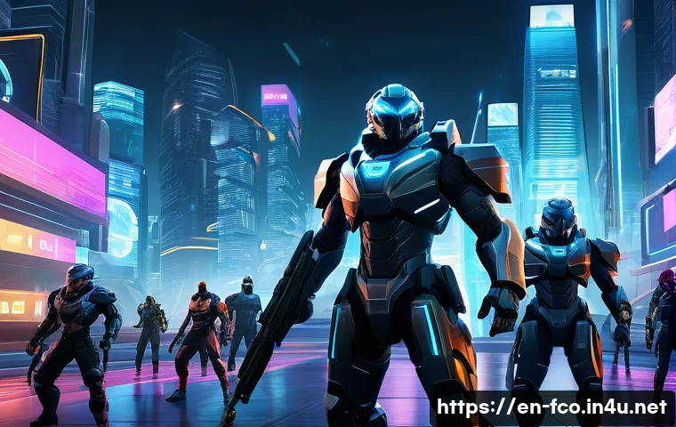 FC온라인 패치 예고 정보 - A dynamic scene of a futuristic online multiplayer battle arena showcasing diverse characters with d...