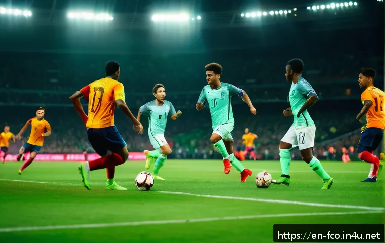 FC온라인 포메이션 추천 - A dynamic soccer match scene showcasing a three-center-back formation with wing-backs aggressively p...