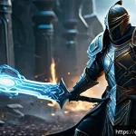 FC온라인 신규 클래스 분석 - A dynamic fantasy warrior class character in mid-combat, wearing intricately designed armor that bal...