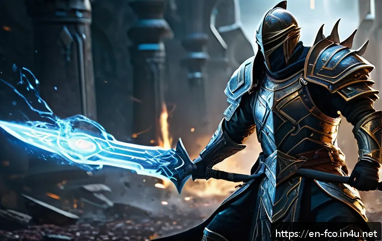 FC온라인 신규 클래스 분석 - A dynamic fantasy warrior class character in mid-combat, wearing intricately designed armor that bal...