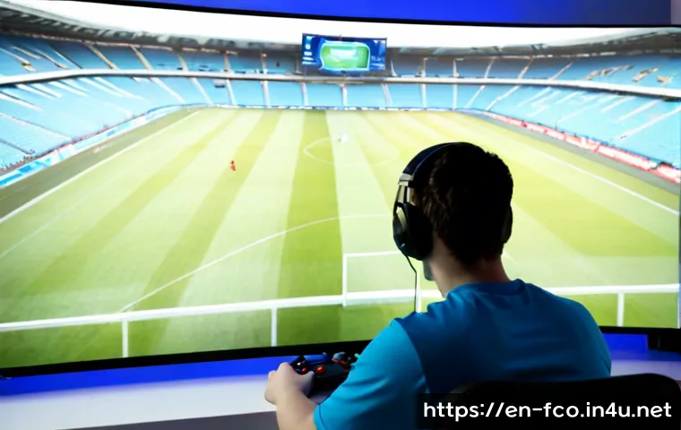 Home 13 FC온라인 선수 인기도 순위 - Photorealistic esports gaming desk scene, a focused young adult player viewing a football video game...