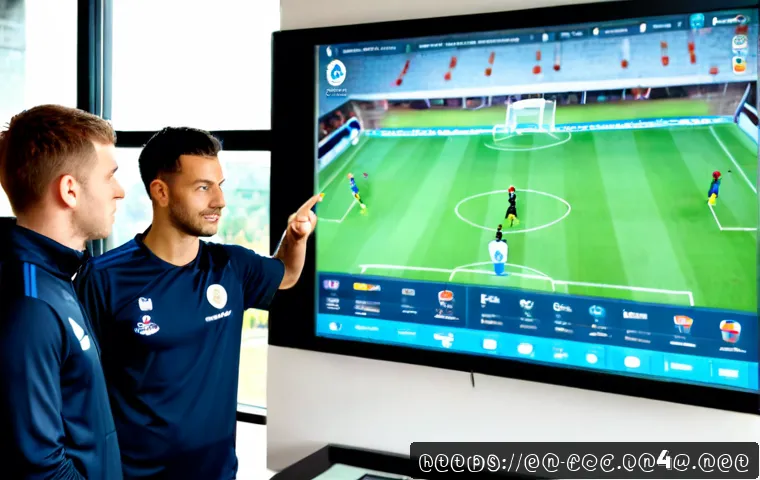 Home 12 FC온라인 전략적 선수 영입 - Photorealistic home gaming setup showing a focused adult soccer video game manager strategically com...