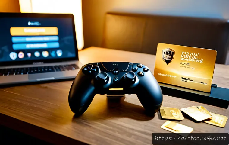 FC온라인 공식 파트너 혜택 - Photorealistic home gaming setup showing an adult football video game fan receiving exclusive partne...